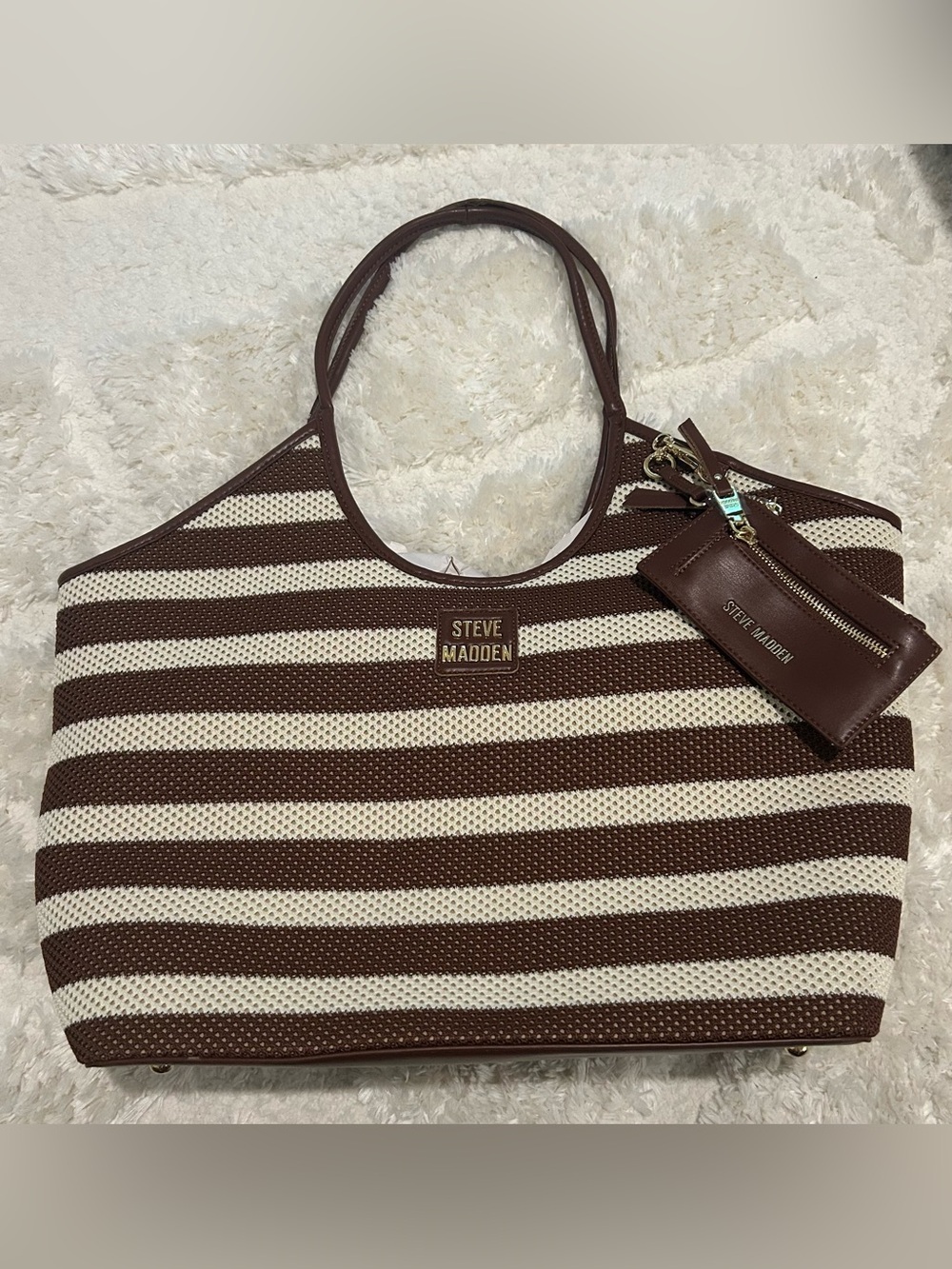 Steve Madden Brown and Cream Striped Large Tote with Zip Pouch